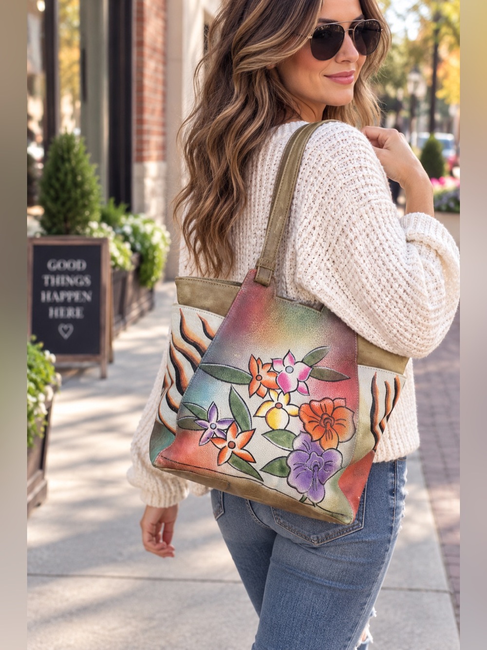 Great American Leather Works Hand Painted Floral Cowhide Leather Shoulder Bag
